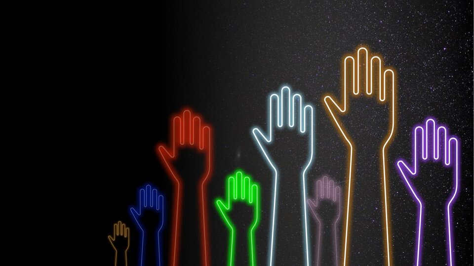 neon hands raised up